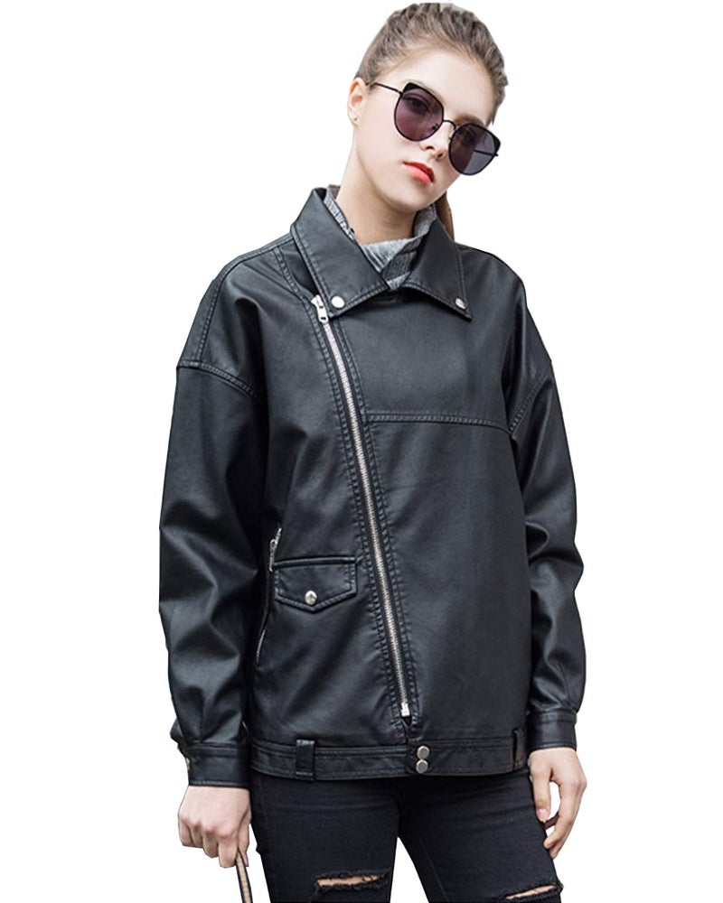 LY VAREY LIN Women Faux Leather Jacket Lapel Collar Motorcycle Zip Up Motor Biker Short Coat Jacket (Black, L) - Image 4